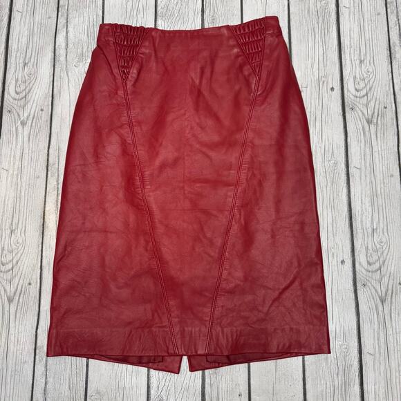 Saks Fifth Avenue Red Leather Pencil Skirt Size 8 - Picture 1 of 4